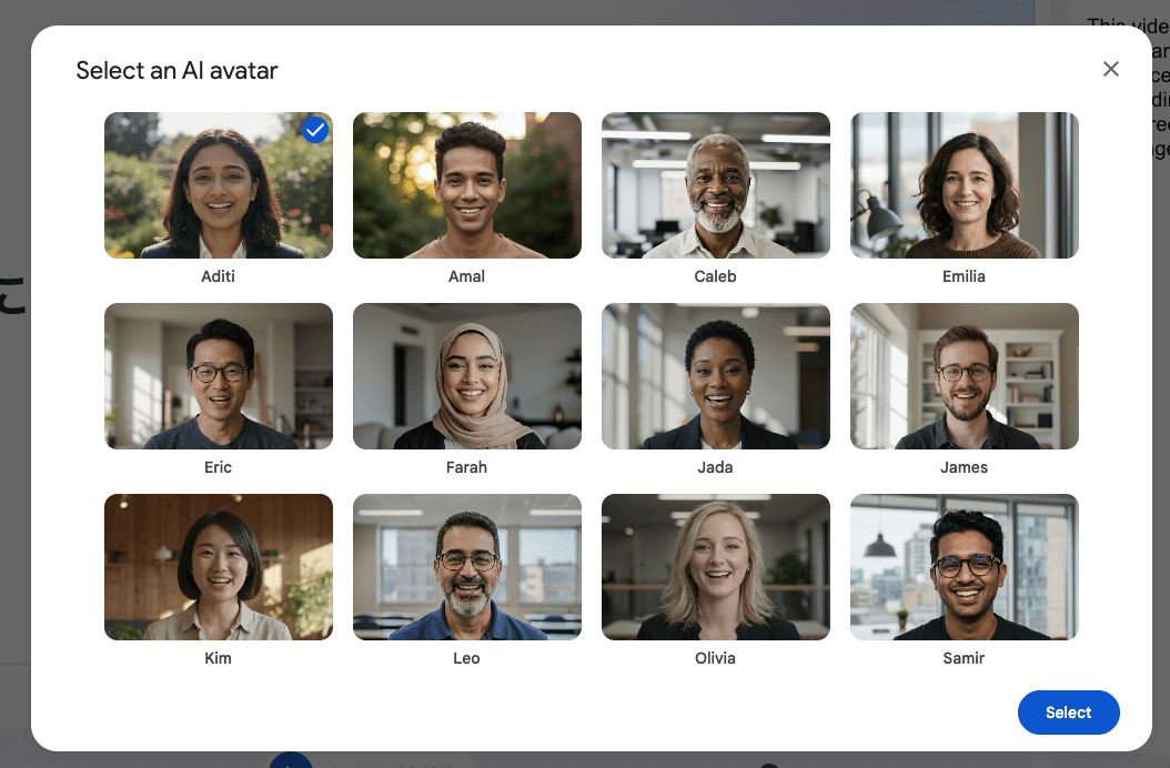 Google Vids EN アバター選択画面